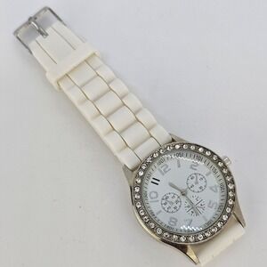 38MM Women's Watch White‎ Dial Crystal Bezel White Plastic Bands New Battery